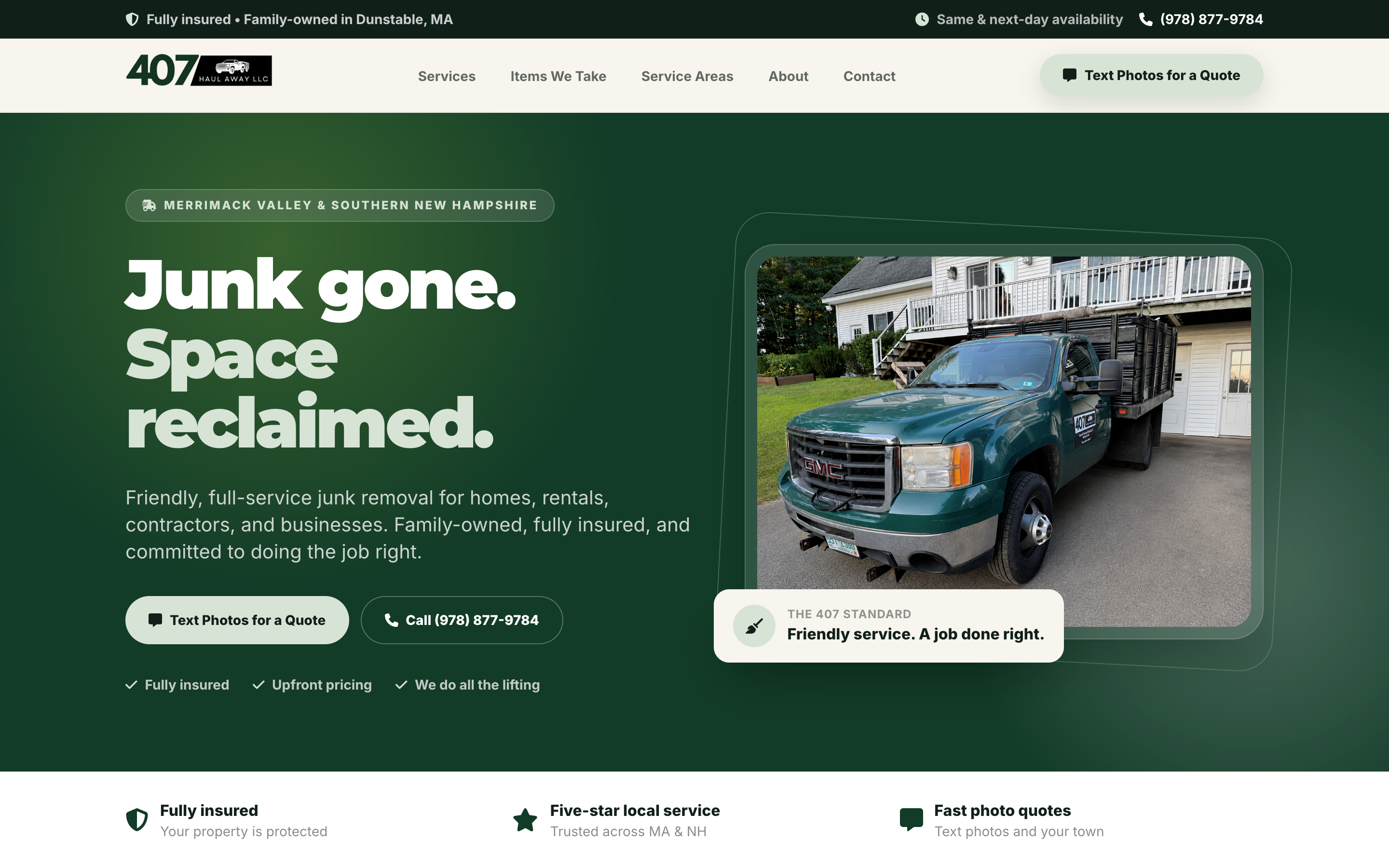 The 407 Haul Away website displayed on desktop