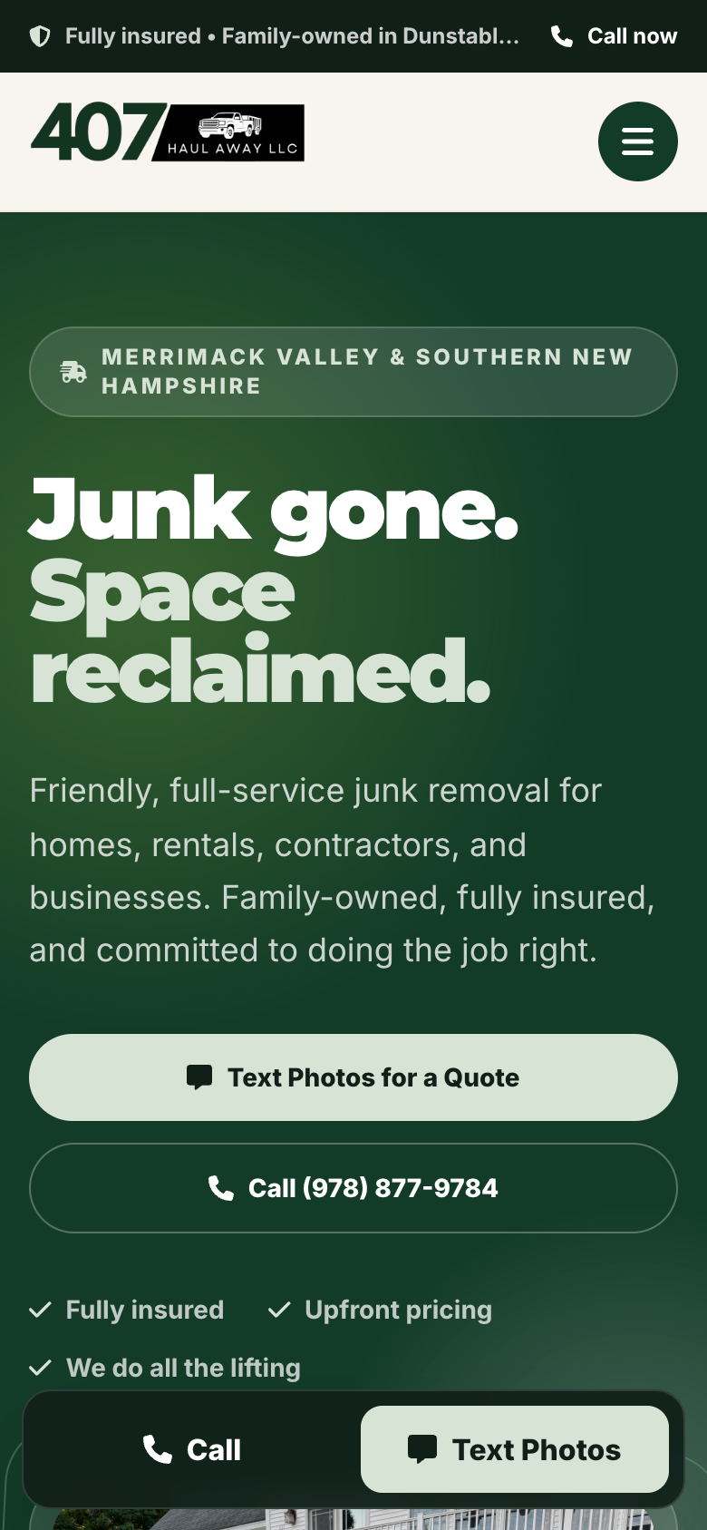 The 407 Haul Away website displayed on mobile